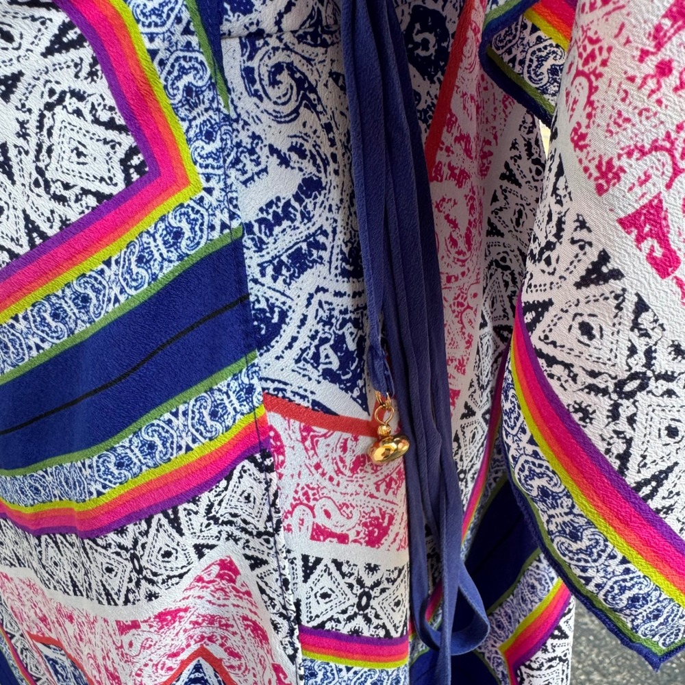 Trina Turk Silk Wrap Dress Womens Blue Pink Paisley Handkerchief Hem Resortwear - Picture 6 of 15